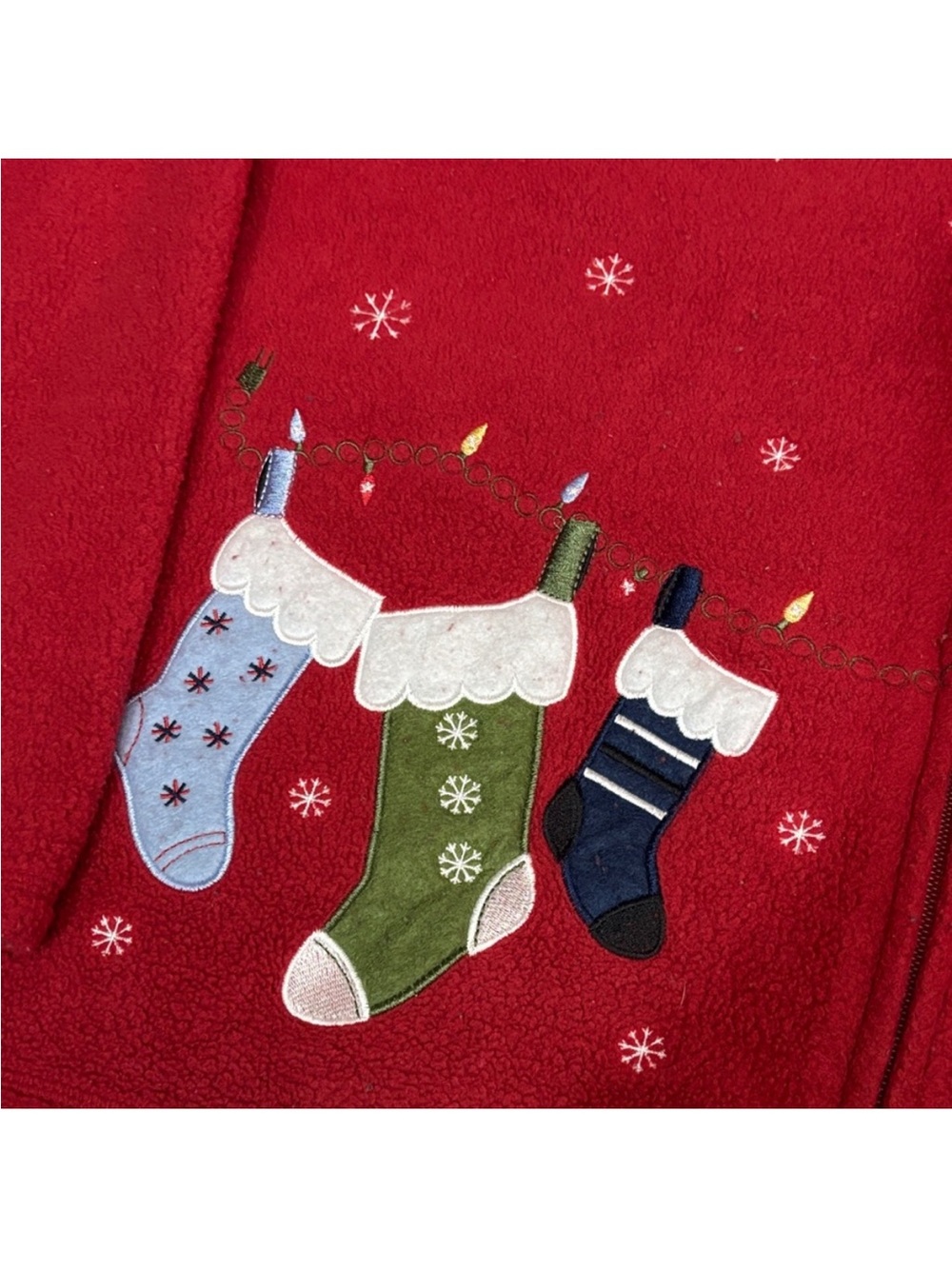 Vintage Red Fleece Christmas Zip-up Jacket with Holiday Stockings - Picture 4 of 6